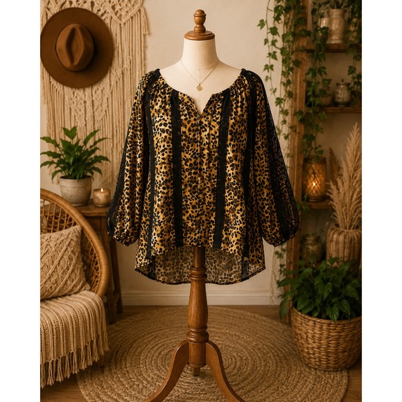 Tops - Leopard & Lace Flowy Boho Peasant Shirt